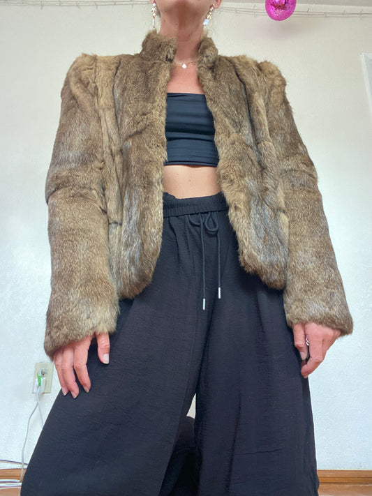 Short Vintage Brown Rabbit Fur Coat