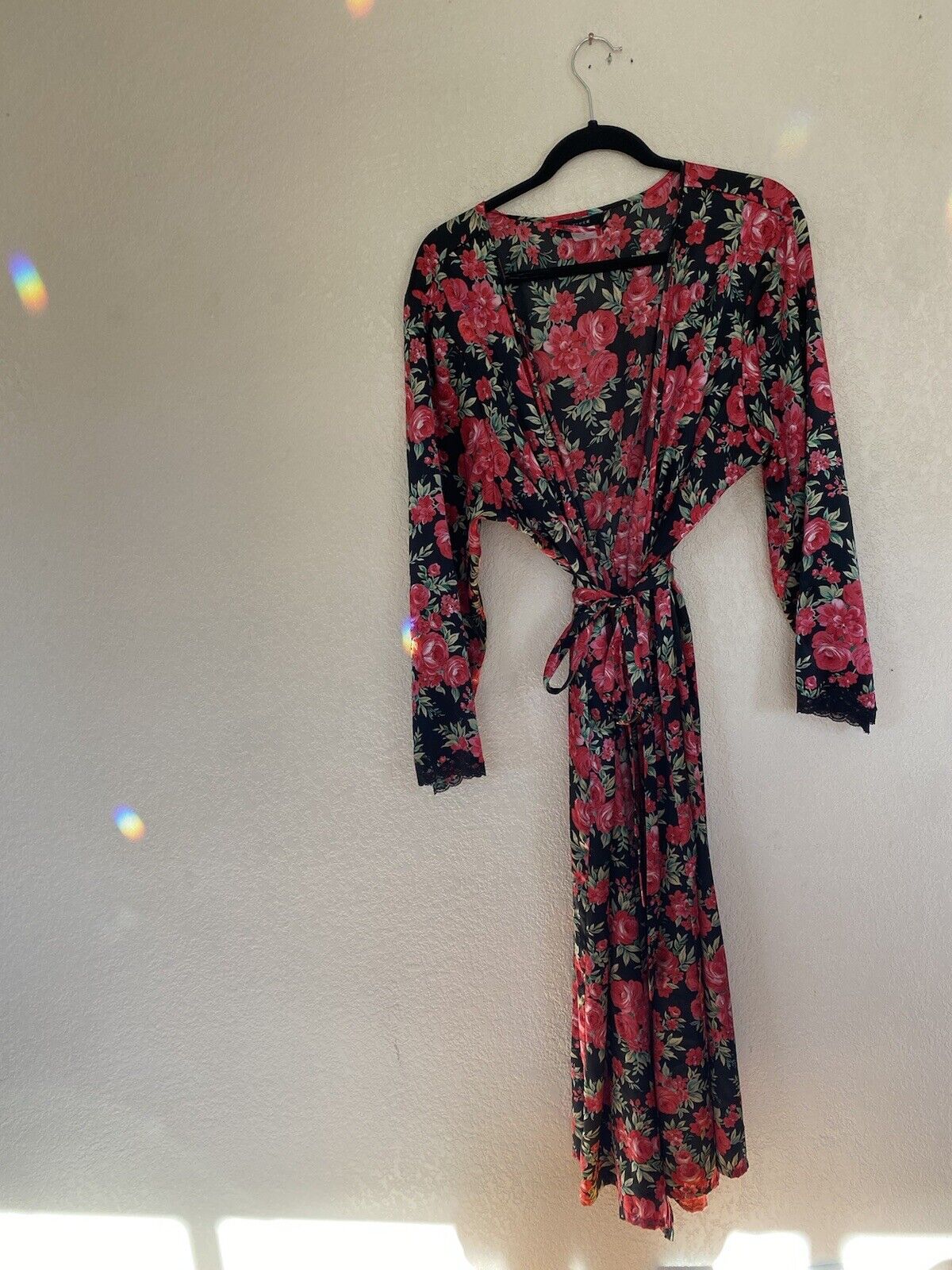 Vintage Rose Print Satin Robe - Pink K - Women's XL # 2218