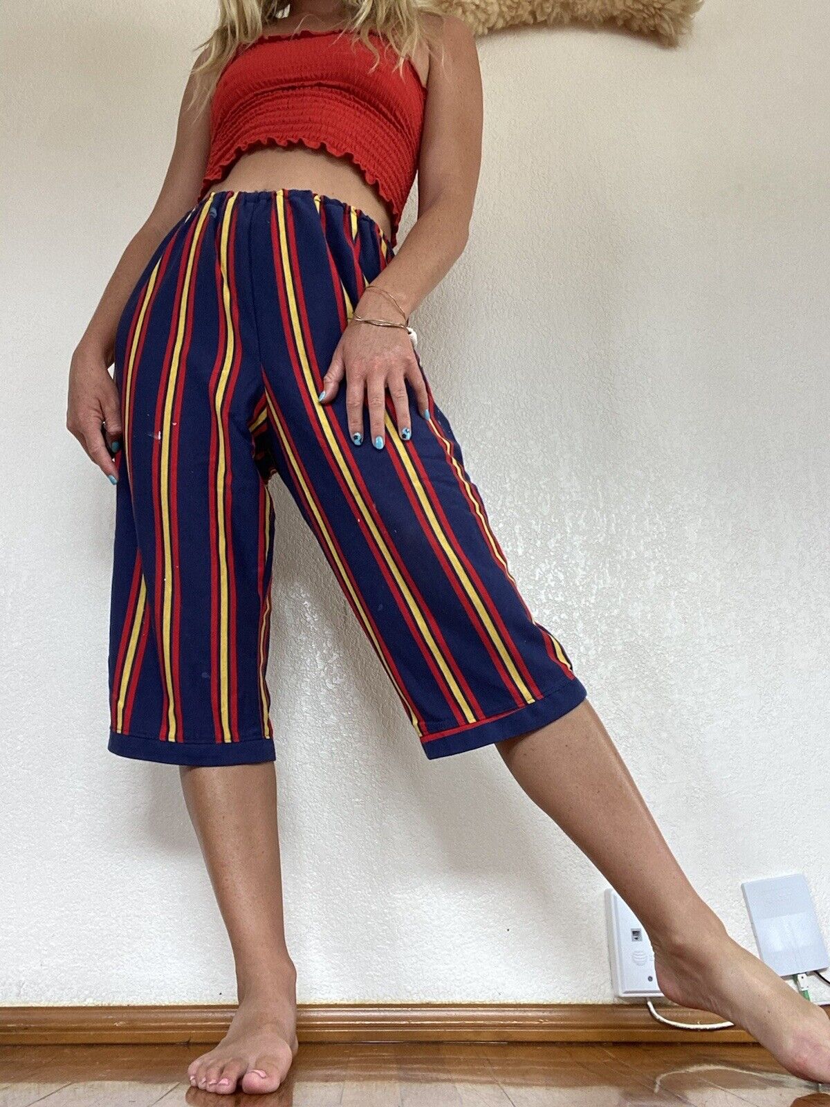 Blue, Yellow, Red Stripe Long Shorts - Unbranded - Size Medium