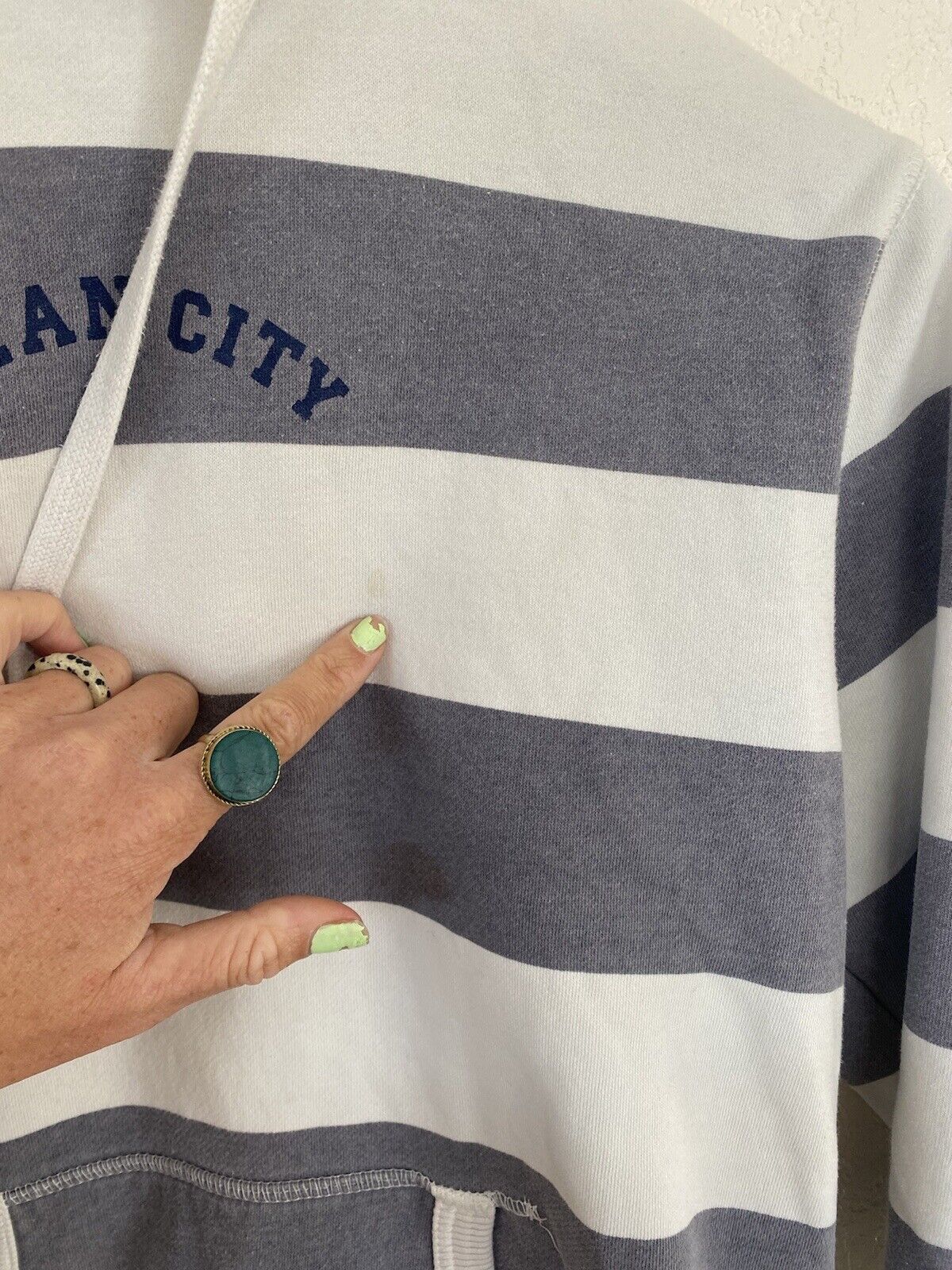Blue and White Stripe Pullover Hoodie Sweatshirt - Ocean City - Women's Medium