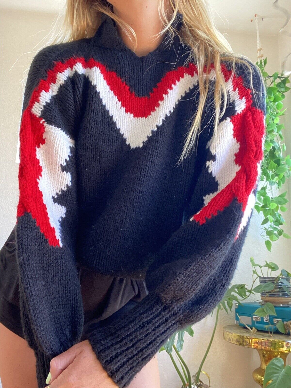 Black Red and White Hand Made Knit Sweater