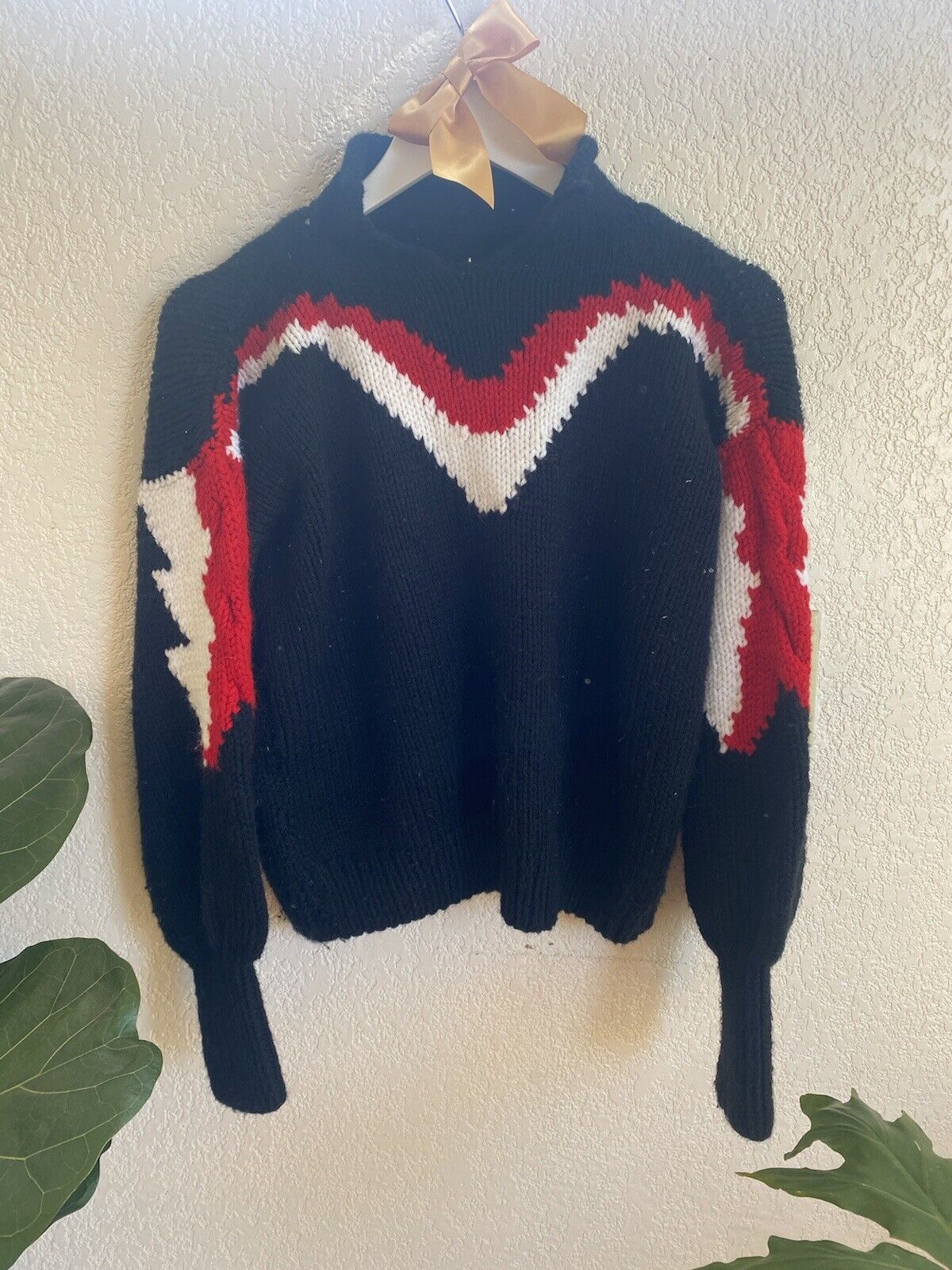 Black Red and White Hand Made Knit Sweater