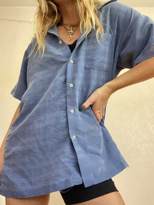 Blue Rayon Button Down Shirt - Alfani - Men's Medium, fits XL # 2236