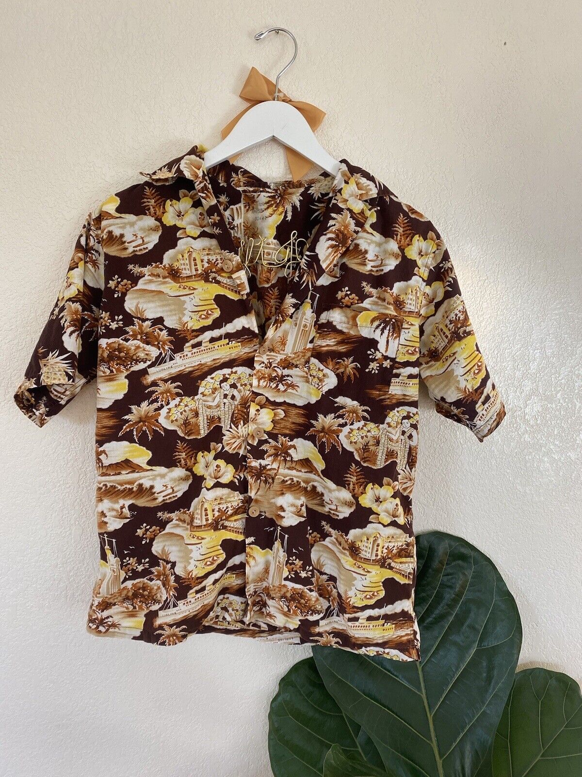 Brown & Yellow Tropical Button Down Shirt - Unbranded - Men's Small