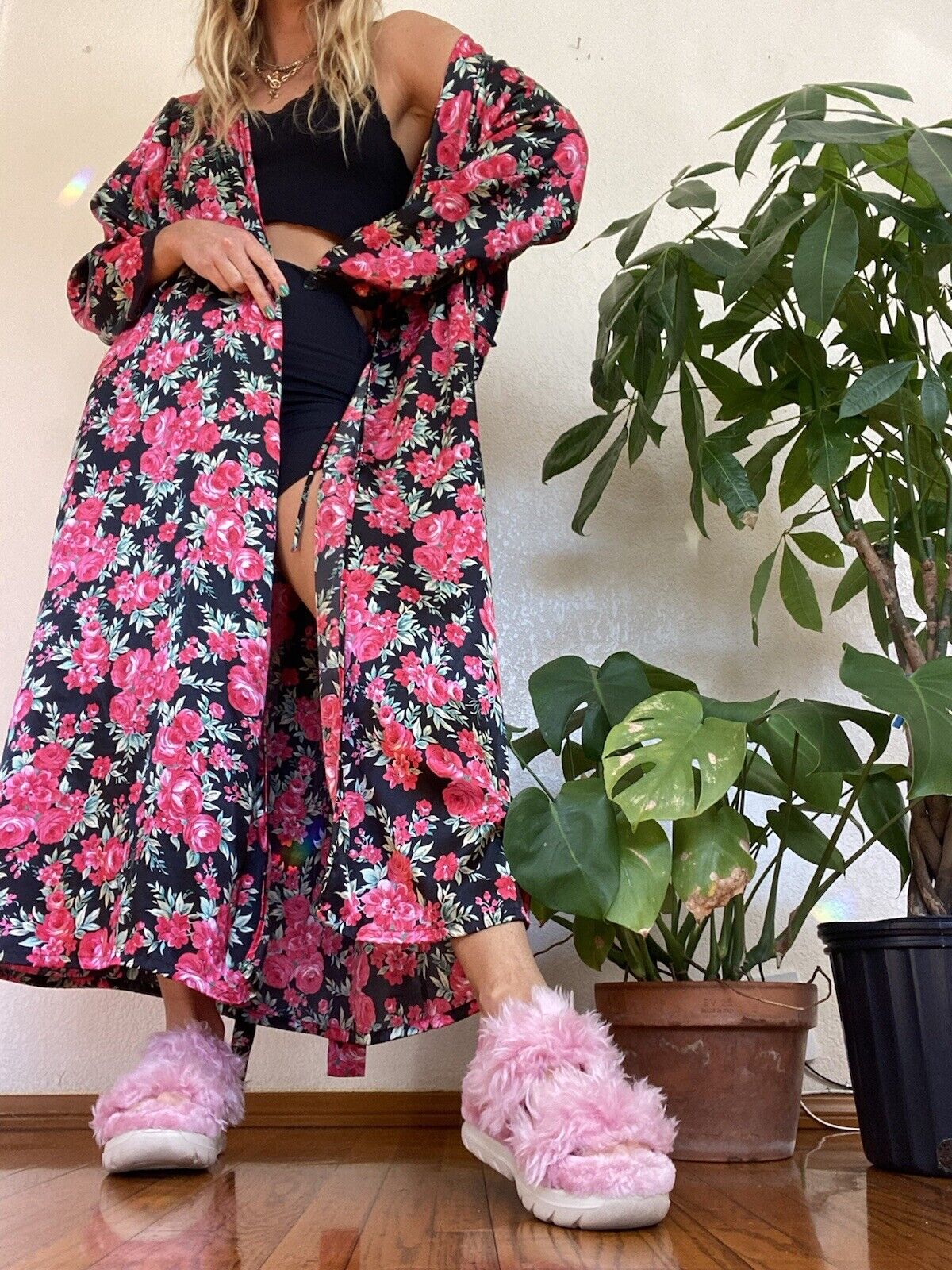 Vintage Rose Print Satin Robe - Pink K - Women's XL # 2218